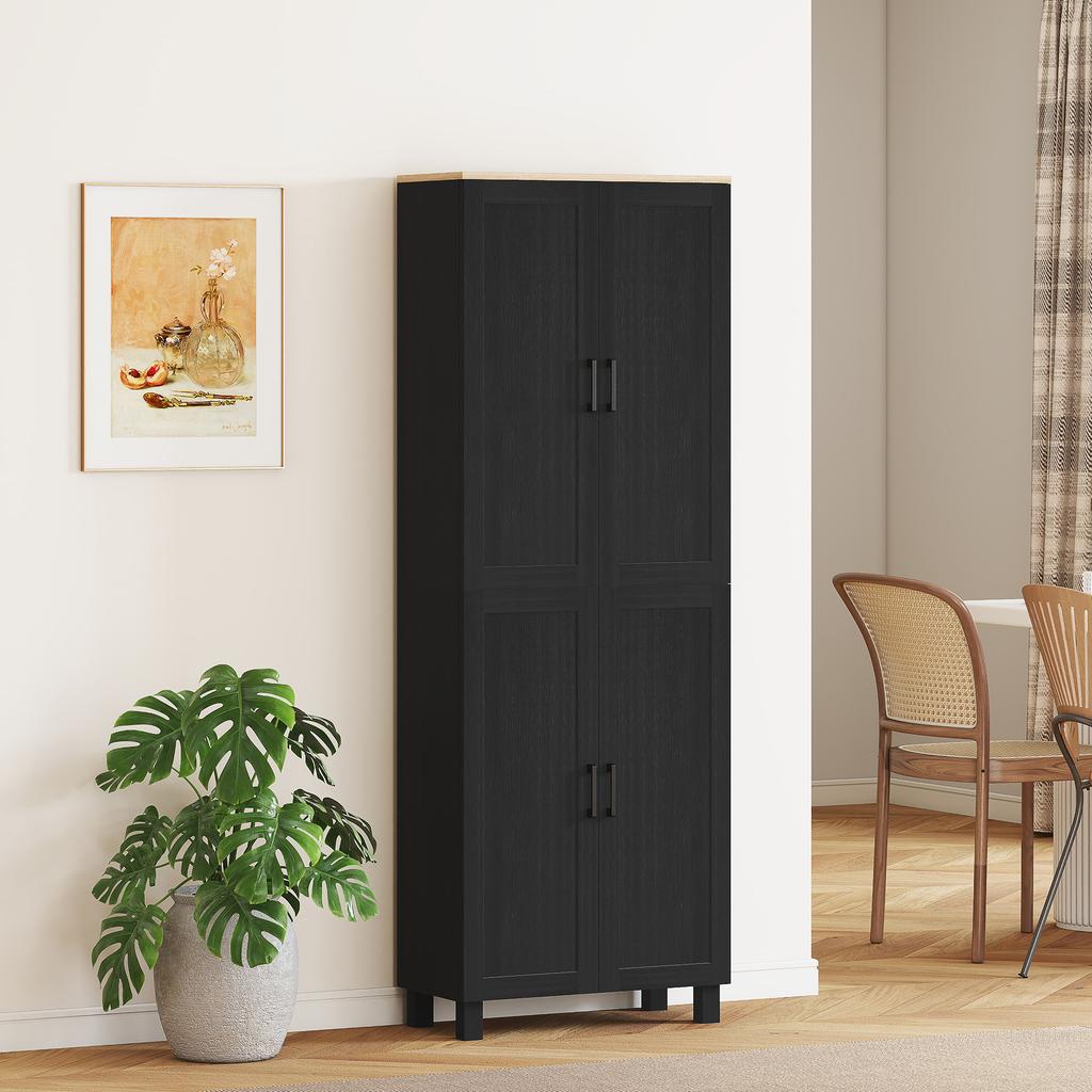 Freestanding Kitchen Cupboard, 4-Door Storage Cabinet with Adjustable Shelves, Modern Kitchen Pantry, 170cm, Black