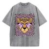 Vintage Womens Acid Wash T-Shirts Leopard Cartoons Printing