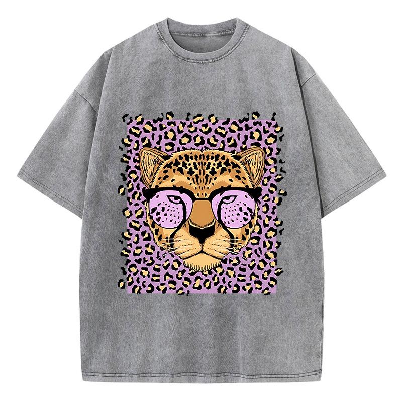 Vintage Womens Acid Wash T-Shirts Leopard Cartoons Printing