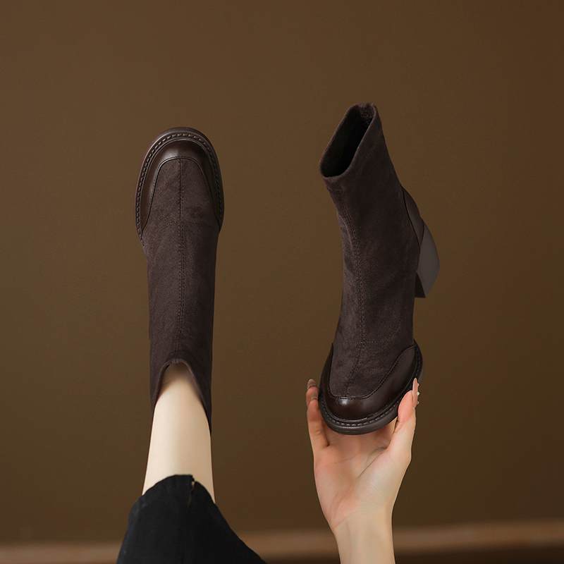 Krazing Po Microfiber Winter Round Toe Size 33 Chelsea Boots Size 43 Zipper Thick High Heels Patch Work Ankle Boots