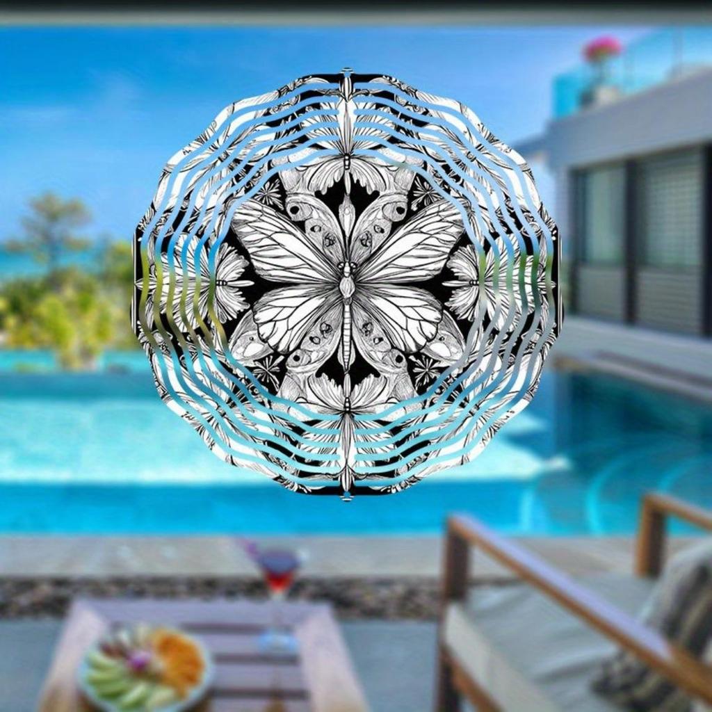 Hand-Painted Black & White 3D Butterfly Mandala Wind Chime – Rotating Garden Art Decor for Home, Courtyard