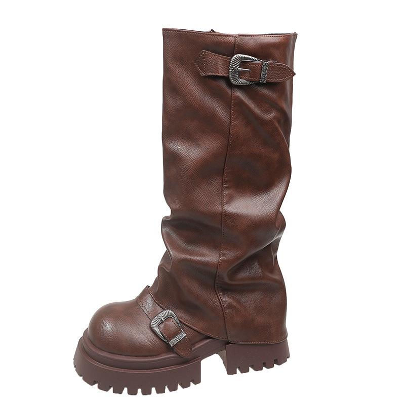But Knee Boots Women's 2025 Thick-soled Heightening Western Boots Big Head Pant Tube Boots Stacked Knight Boots Tall Martin Boots