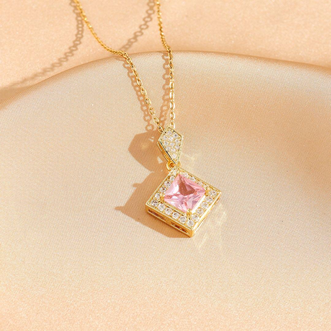 Elegant Pink Zircon Rhombus Pendant & Earring Set
