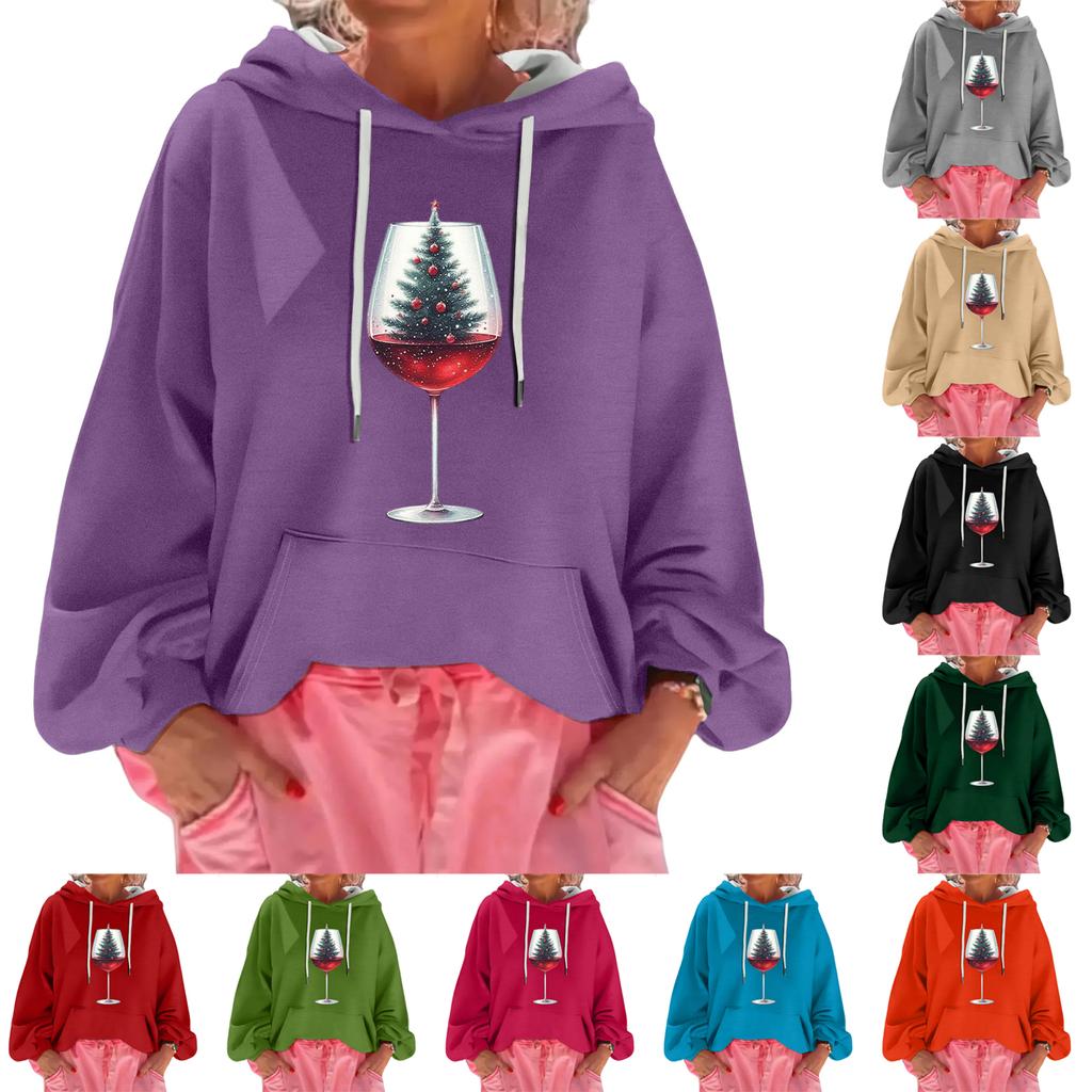 Women's Christmas Print Loose Casual Long Sleeve Hooded Sweatshirt
