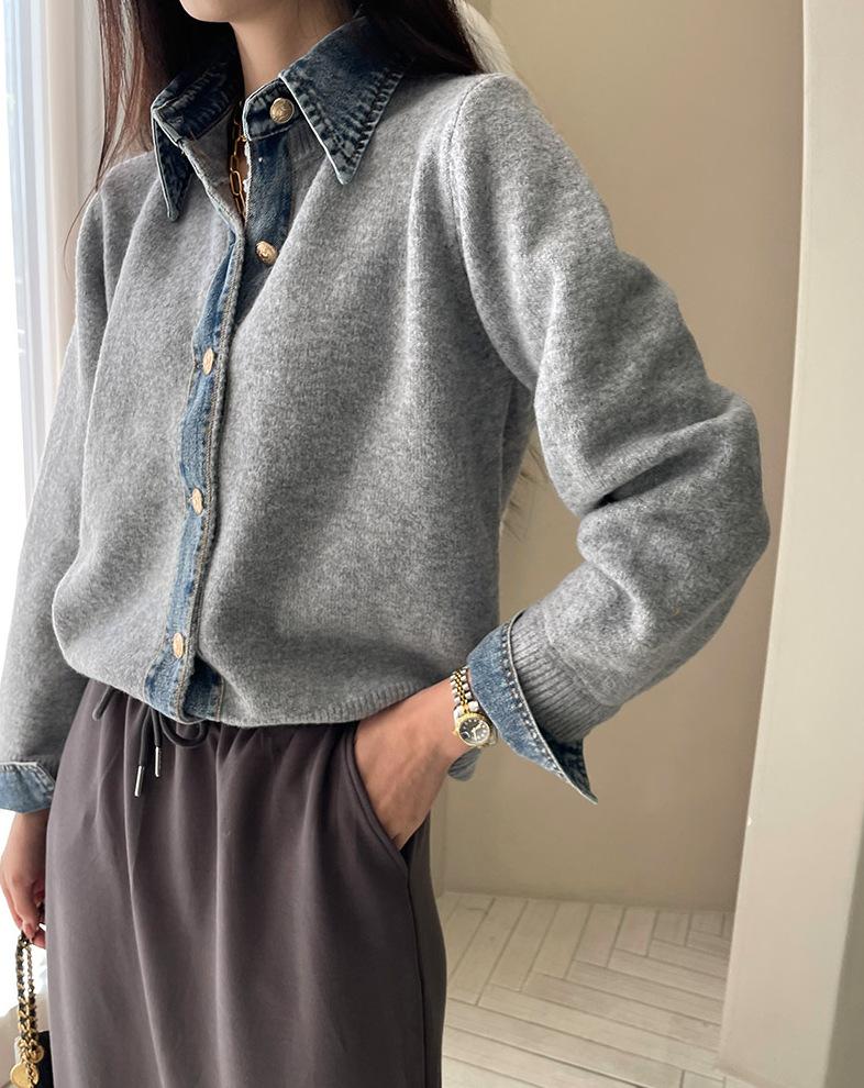 Women's Long Sleeve Knit Top O Neck Japanese Casual Sweater Faux Denim Patchwork Cardigan