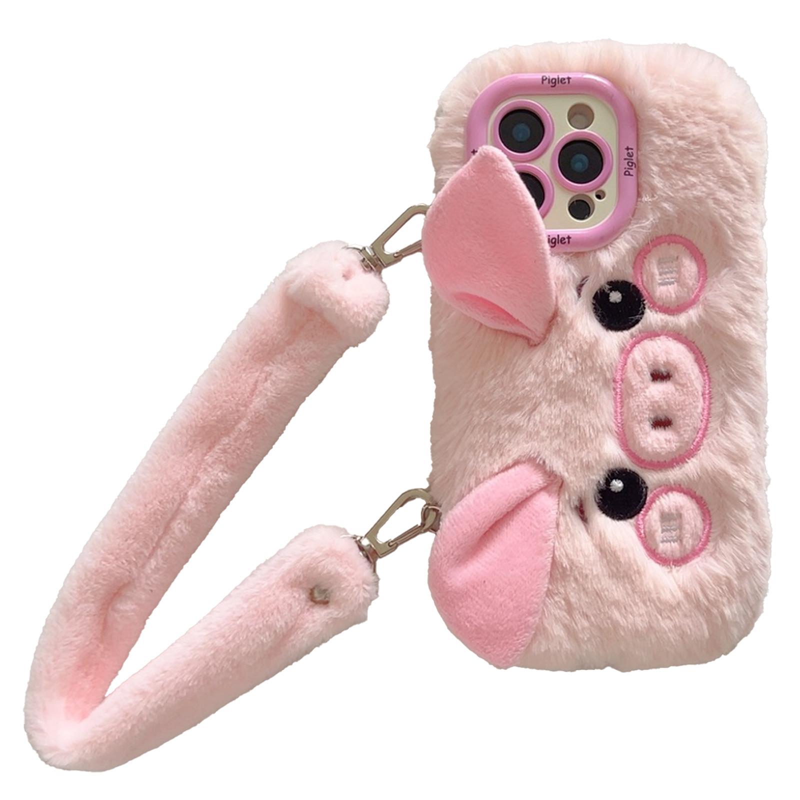 

KJS-019 For iPhone 15 Pro Max Case Lens Kickstand TPU Piglet Plush Handheld Phone Cover Pink