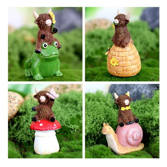 Ogród Figurka Krowy Wyżynnej Żywica Krowa Wyżynna na Grzybie/Ślimaku/Żabie Statua do Dekoracji Patio Balkon Trawnik Podwórko