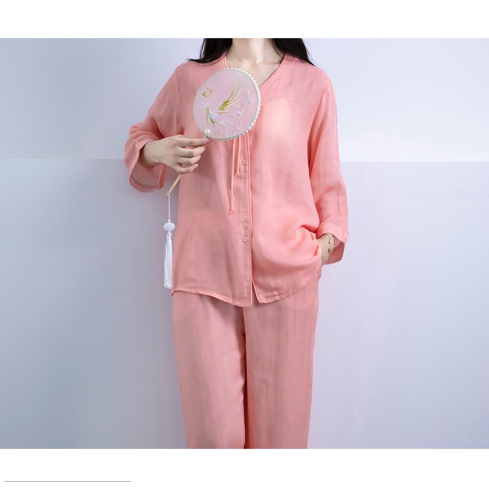 Yes Family Tencel Summer Open Size XL Women's 100% Double-Layered Pajamas, 3/4 Sleeves, Sleepwear, Front, Pink,