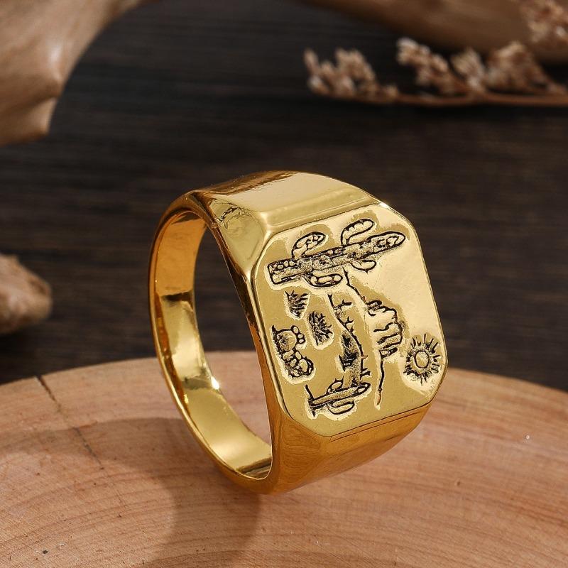 Vintage Gold Color Square Sun Tree Grave Rings for Women Trendy Personalized Creativity Party Rings Jewelry