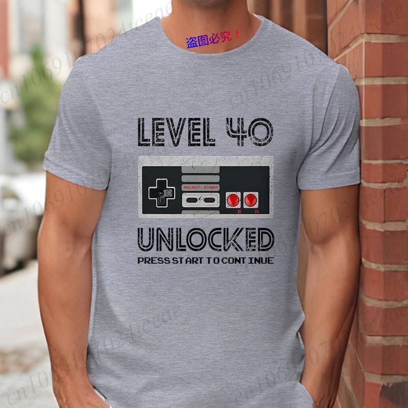 Vintage 40th Birthday Years T Shirt for Men Short Sleeve Tees Shirt 40th Birthday Gift Tops Level 40 Unlocked Gamer Clothing S
