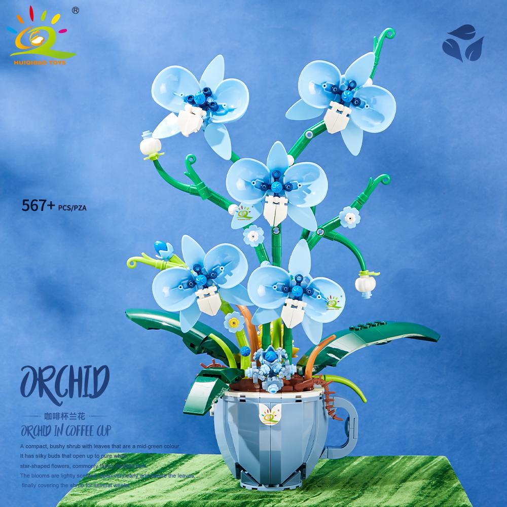 Květinová Orchidej Kávový Šálek V květináči Stavebnice 3D Kytice MOC Kostky Stavebnice DIY Domácí Dekorace Rostliny na Stůl