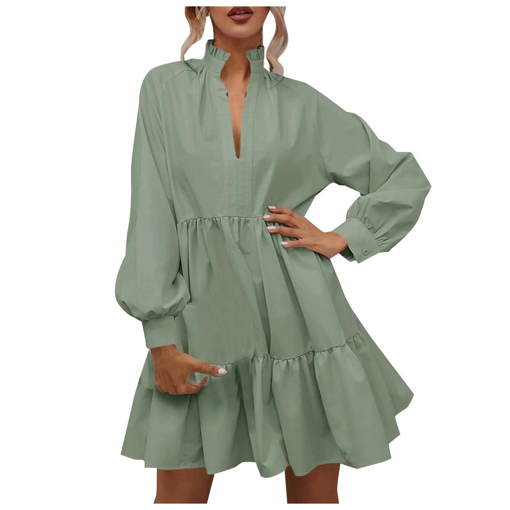 ქალის ყოველდღიური, მოდური, ერთფეროვანი, V-ყელიანი, გრძელმკლავიანი, ფრიალა ნაკერით, დიდი, A-ხაზის კაბა