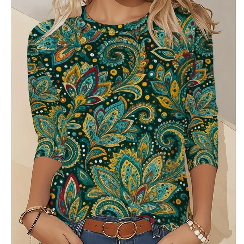 

2025 Осень и Зима Женский Новый Повседневный Топ с Круглым Вырезом и Длинным Рукавом 3D Ретро Узор 8XL зелёный