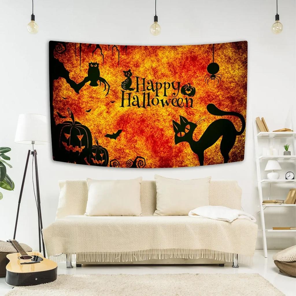 Happy Halloween Decorative Tapestry Bat Pumpkin Print Wall Hanging Carpet Party Background Fabric Home Room Decoration