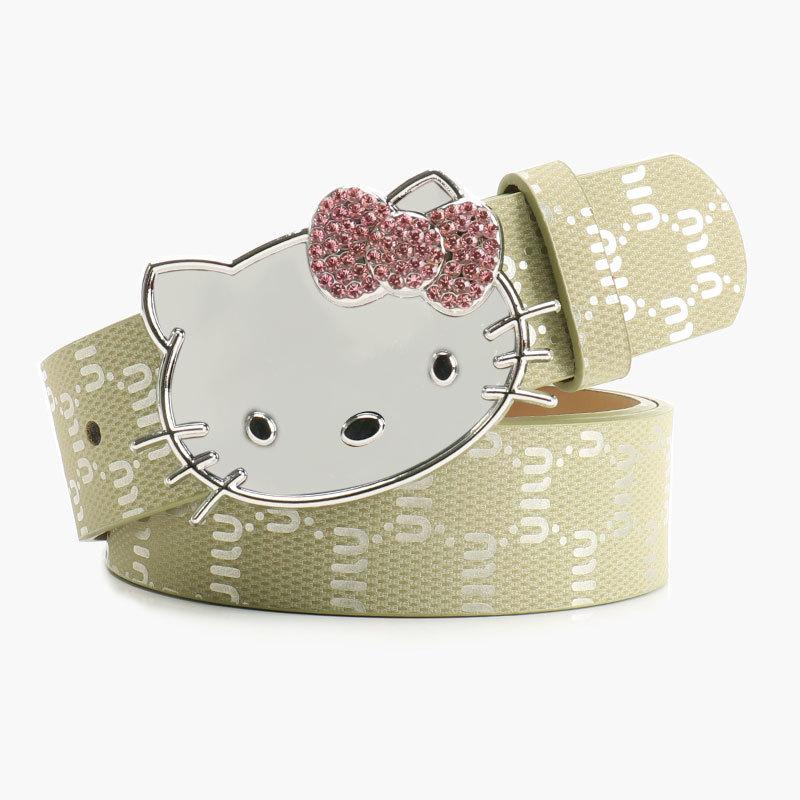 Metalowy Pasek Damski Hello Kitty z Nadrukiem Litery i Cyrkoniami do Codziennego i Eleganckiego Ubioru