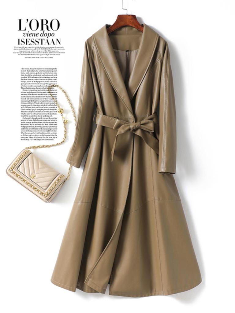 Women's Sheepskin Coat: Elegant Lace-Up, Waist-Cinching, Long Leather Skirt Style, 2025 Collection