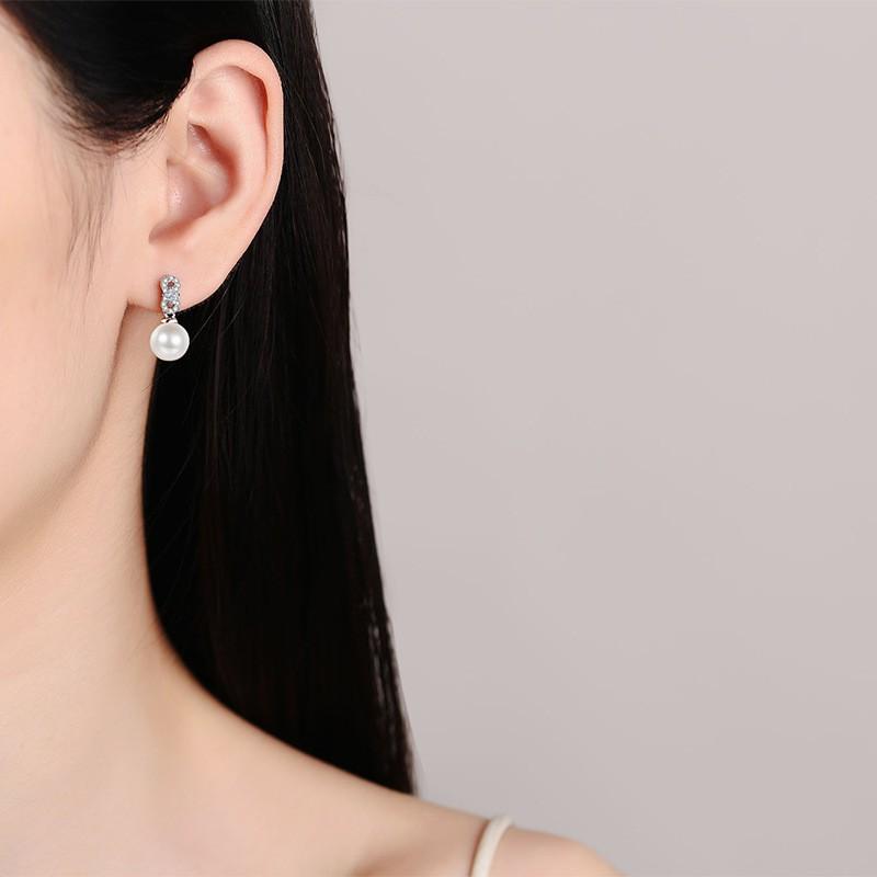 Sterling Cubic Zirconia Pearl Stud Earrings Women Minimalist U-Shaped Geometric Design Office Chic Daily Wear