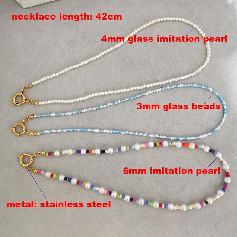 Imitation Pearl Necklace Women Choker Seed Beads Rainbow Stainless Steel Clasp Sailor Buckle Base Chain Gold Color Boho