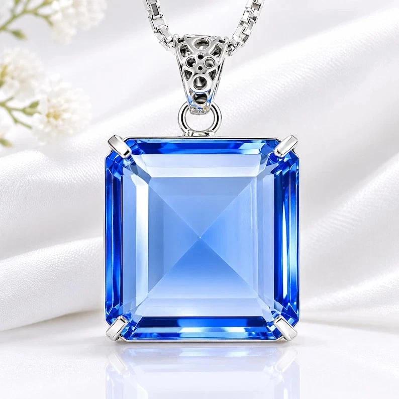 100 Ct Natural Blue Topaz Asscher Cut 925 Sterling Silver Gemstone Pendant