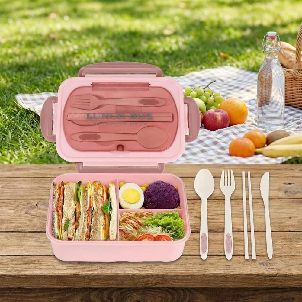 Bento krabička na oběd se 4 přihrádkami a příborem Nepropustná Přenosná Opakovaně použitelná Nádoba na potraviny Pro dospělé Muže Ženy Do kanceláře Práci Piknik T