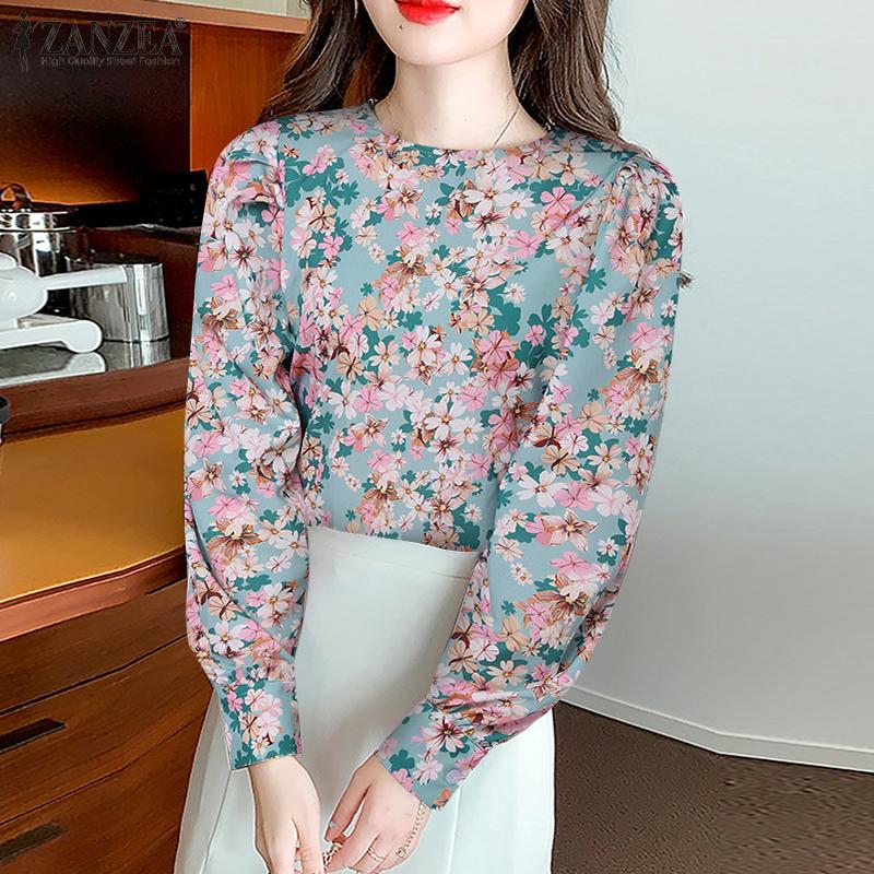 

ZANZEA Женский однотонный свободный элегантный топ с круглым вырезом и длинными рукавами с принтом