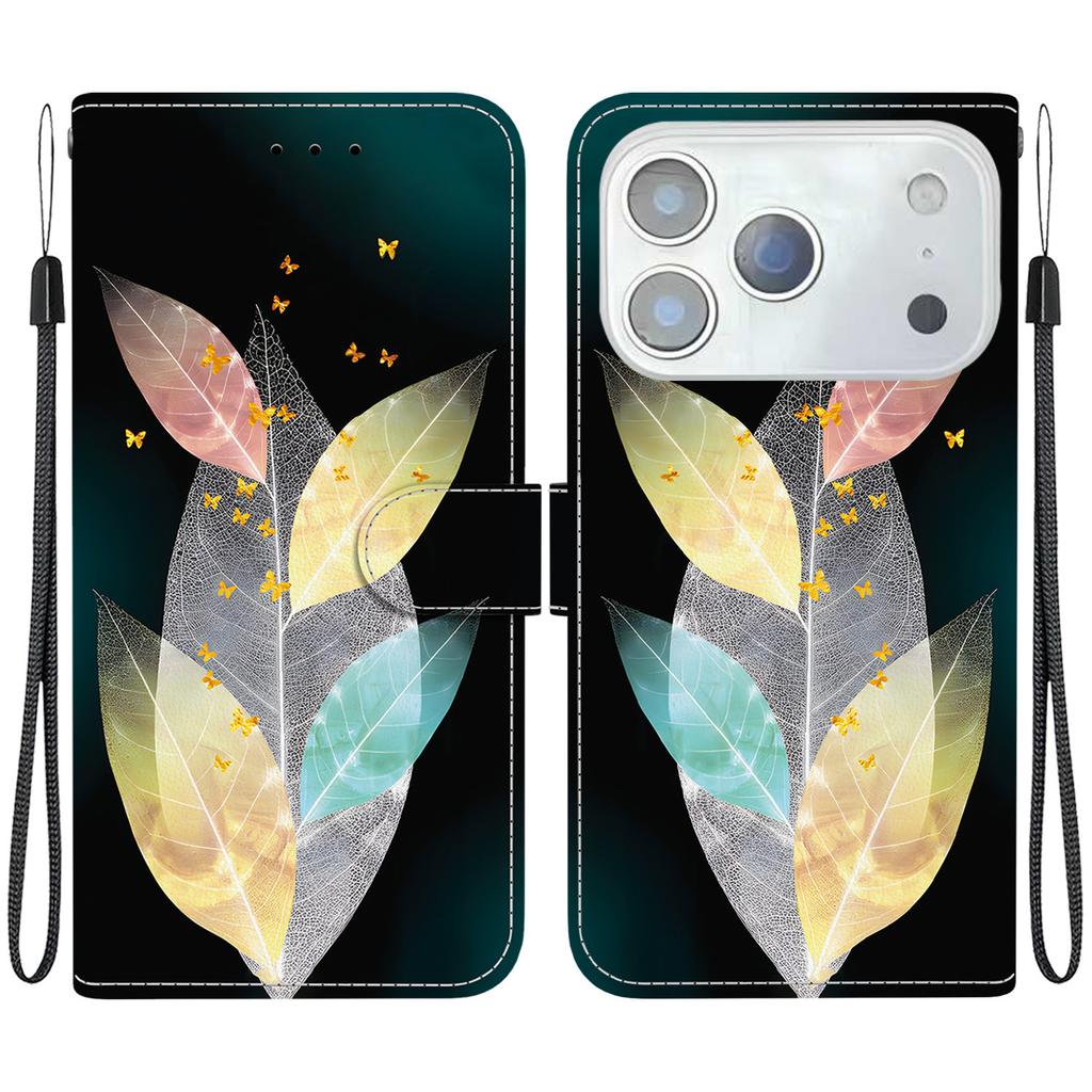 Pro iPhone 17 Pro Pouzdro Vzorový Tisk Odolné proti Pádu Kožené Vyklápěcí Peněženkové Pouzdro na Telefon se Šňůrkou