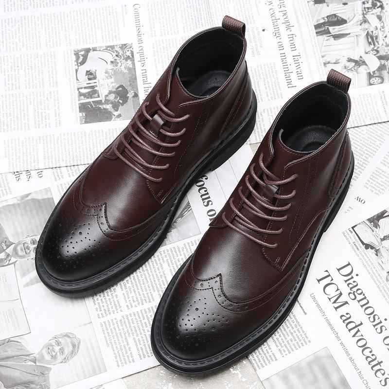 FashionCow Leather High-soled Brock High-top Boots for Men Autumn Winter Fleece Warm Ankle Boots Male Fashion Casual Platform Shoes Man