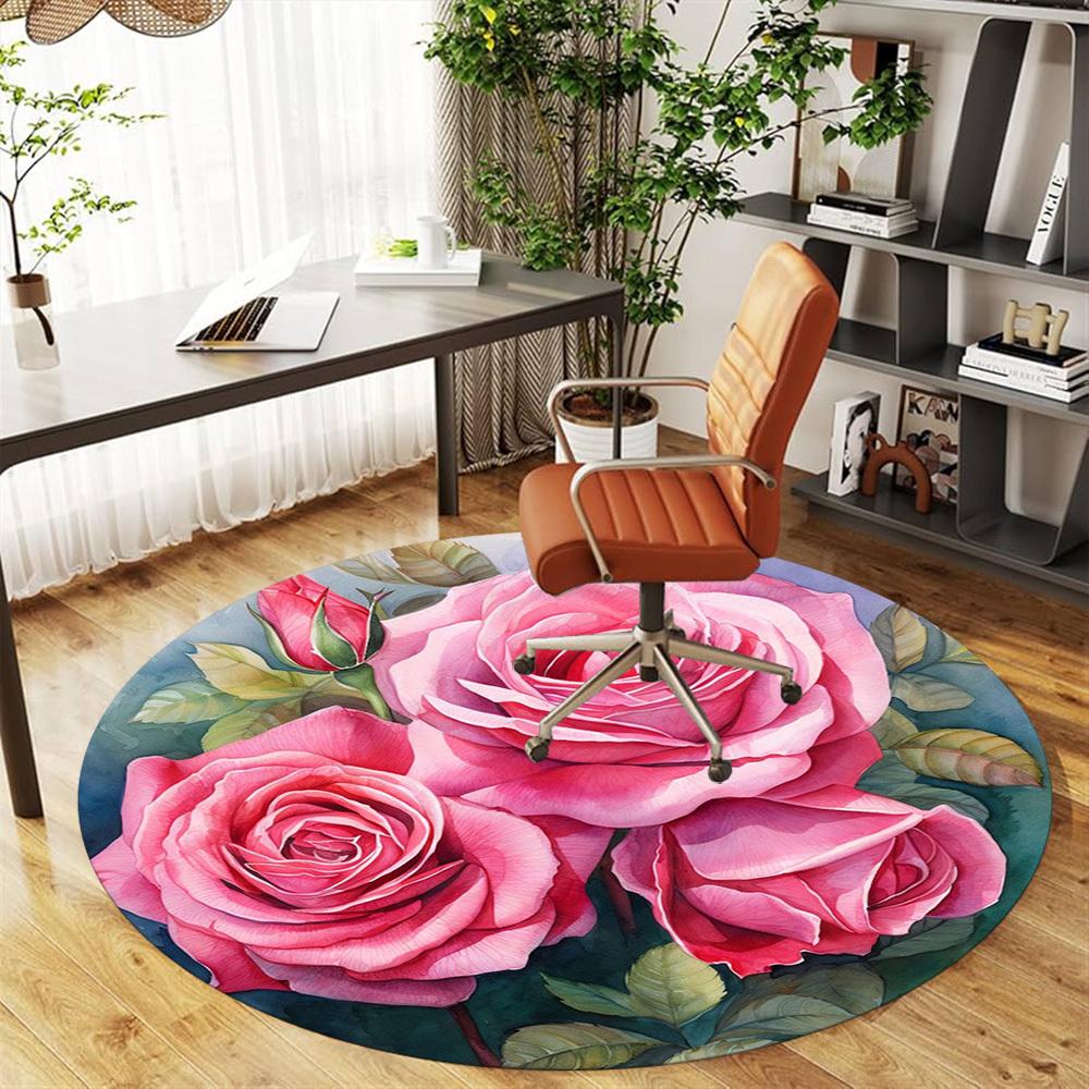 1pc Rose Flower Round Chair mat office Area Rug - Non-Slip, Floor Mat for Office, Bedroom, Ideal home decor gift c0112008
