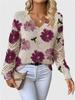 Women's Off-White V-Neck Knit Sweater with Blue Floral Pattern and Lace-Up Sleeve Detail
