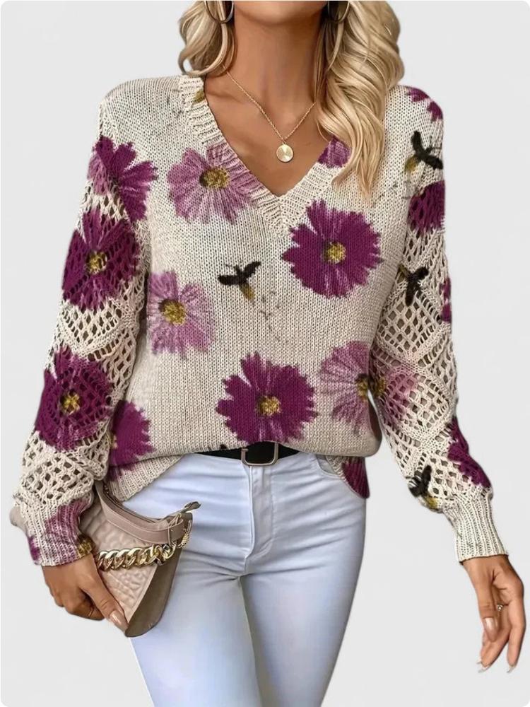 Women's Off-White V-Neck Knit Sweater with Blue Floral Pattern and Lace-Up Sleeve Detail