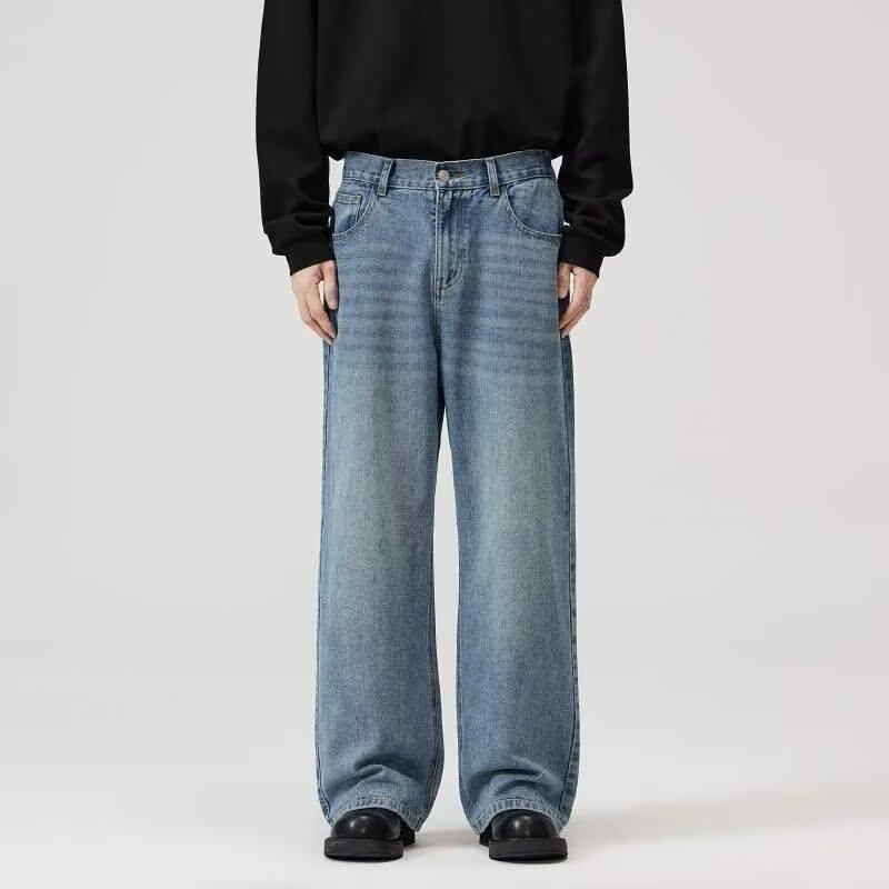 Jeans Autunnali a Gamba Dritta da Uomo Lavati Casual alla Moda di Marca Senso del Design High Street, Robusti e Belli Retrò con Pieghe a Lunghezza Pavimento