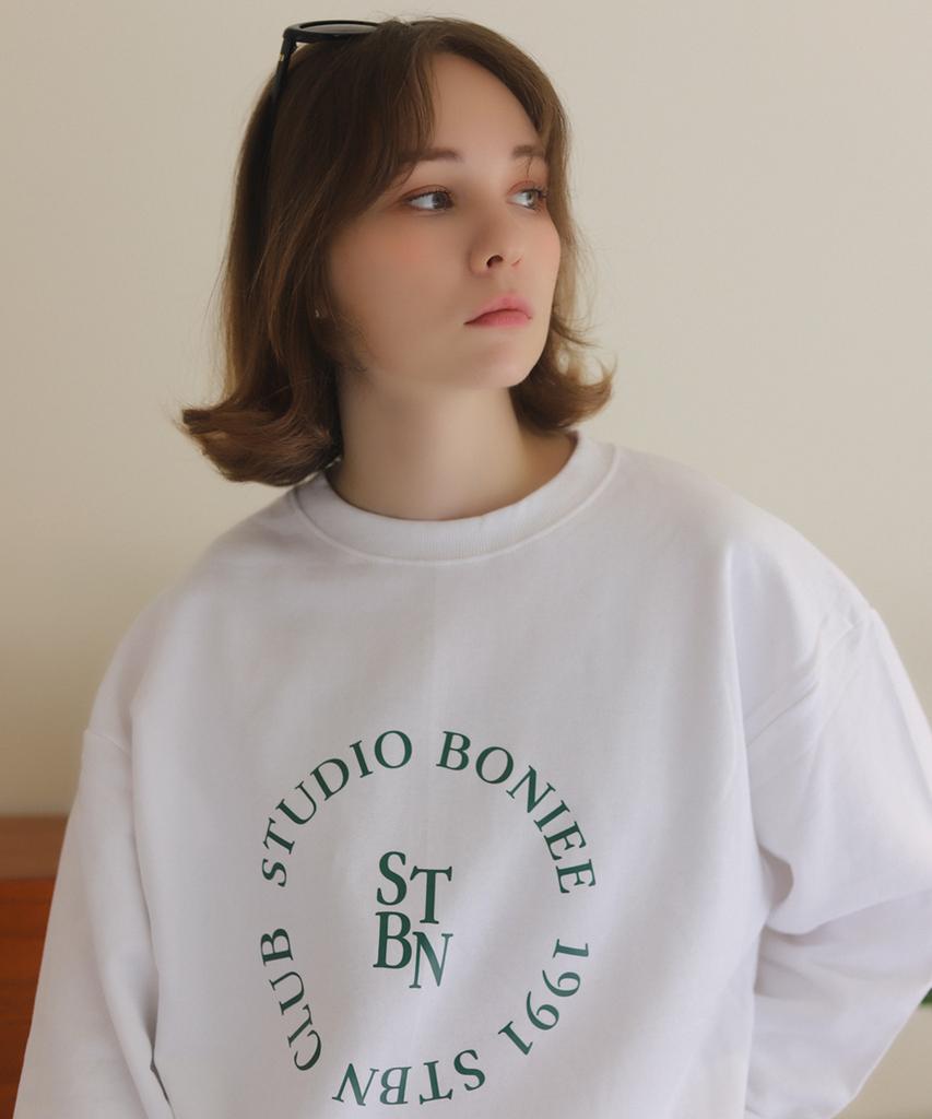 BONIEE [Fleece Lined] Circle Round Typo Graphic Logo Graphic Oversized Sweatshirt White