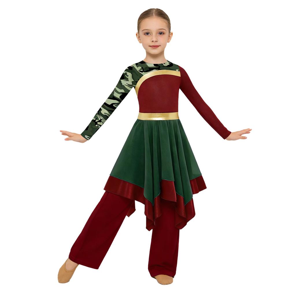 Girls Worship Dance Outfit Long Sleeve Printed Patchwork Irregular Hem Dress with Wide Leg Pants