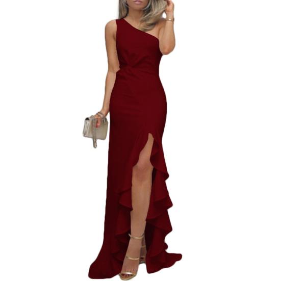 Women Sexy One Shoulder Ruffle Large Swing Slit Evening Party Slim Maxi Dress
