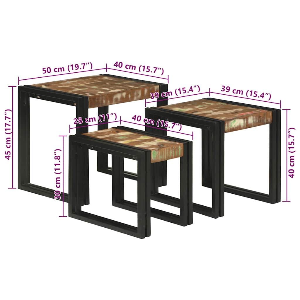 Nesting Table Set 3 Pcs Solid Recycled Wood and Metal
