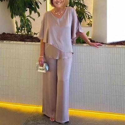 2024 Jednobarevný V-výstřih Nepravidelný lem Plus size Ležérní set