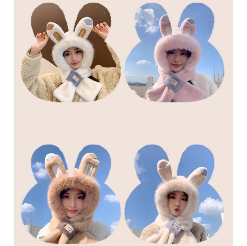 Winter Cute Hat Scarf Integrated Hat Women Thickened Hat Winter Cute Plush Furry Plus Scarf Two-piece Set Warm Windproof Hat