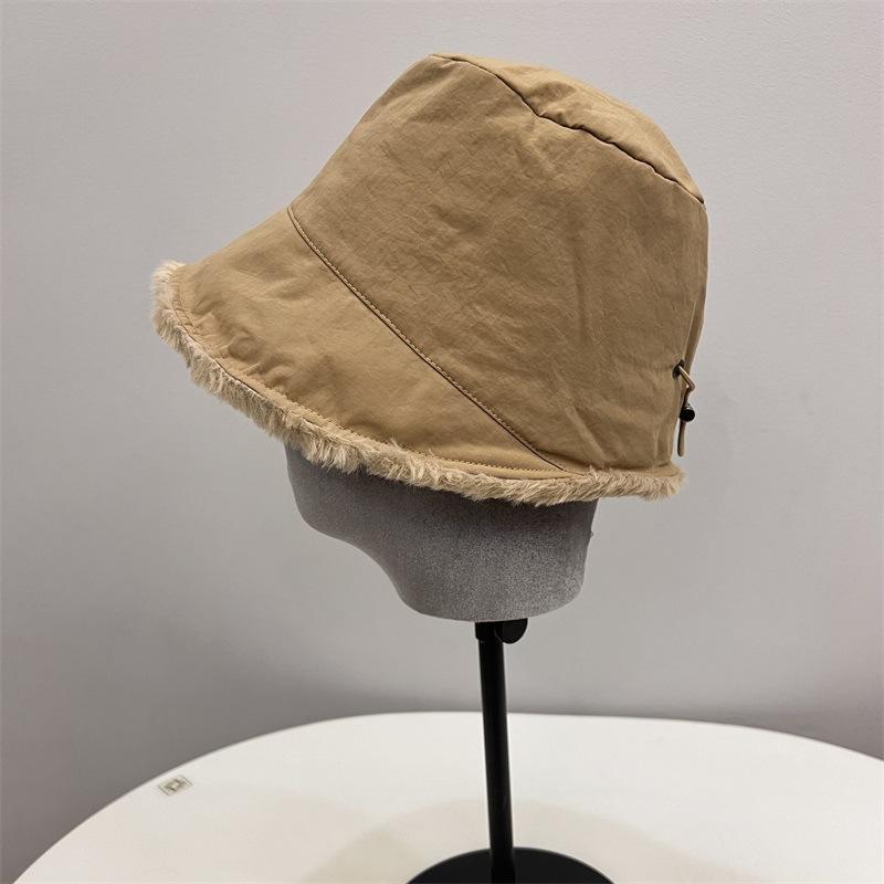 Nylon Waterproof Velvet External Drawstring Front Long Rear Short Basin Hat Women's Winter Literary and Leisure Warm Bucket Hat