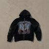 Gradient Rhinestone Angel Oil Painting Zip Up Hoodie Distressed Washed Black Loose Streetwear Men Women