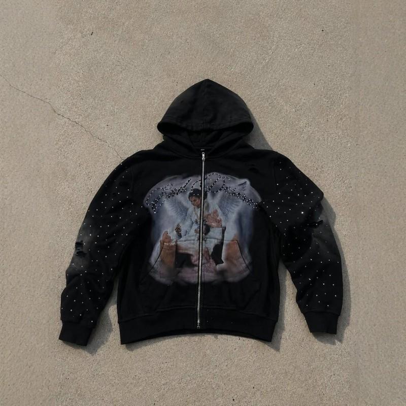 Gradient Rhinestone Angel Oil Painting Zip Up Hoodie Distressed Washed Black Loose Streetwear Men Women