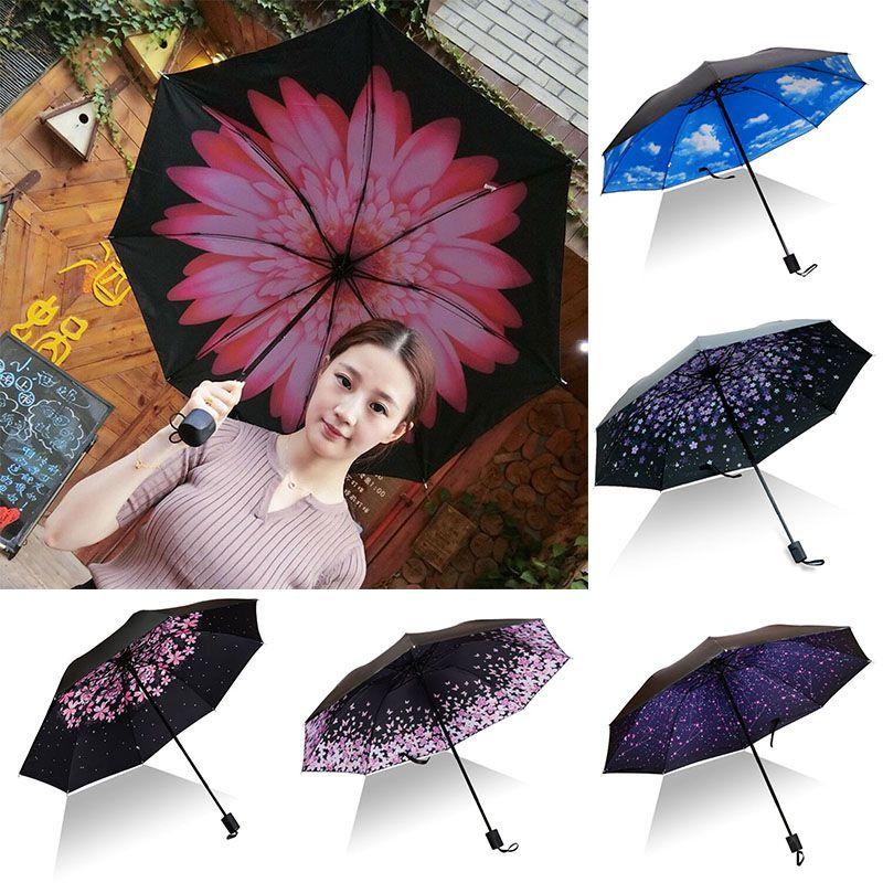 Antiuv Sun Rain Protection Windproof Flower Parasols 3 Folding Umbrella