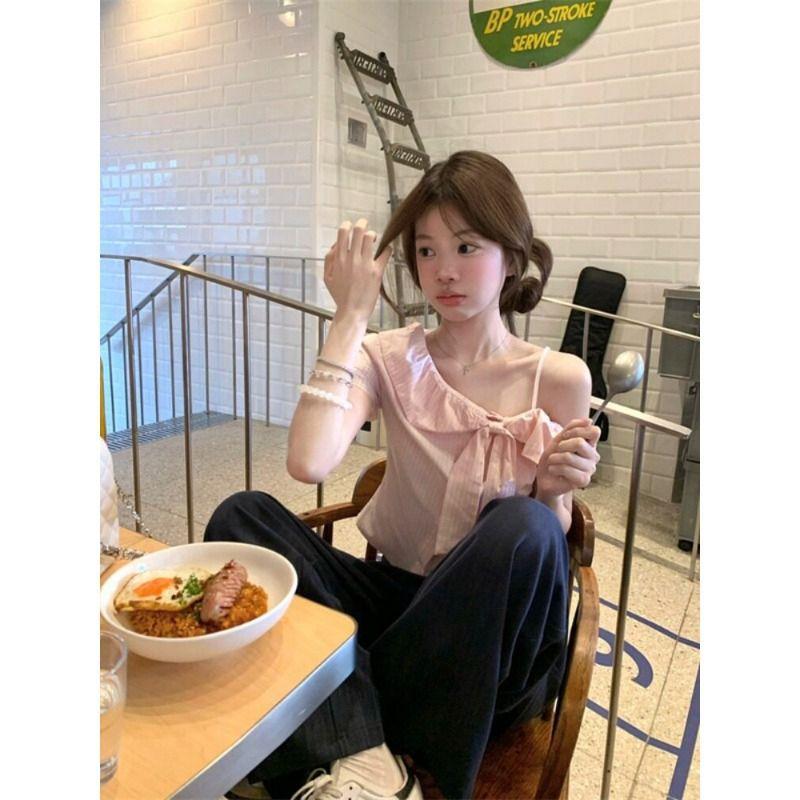 Pink Slanted Shoulder Bow Strap-up Short-sleeved Shirt Women's Summer Striped Off-shoulder Short Shirt Slim-fitting Top