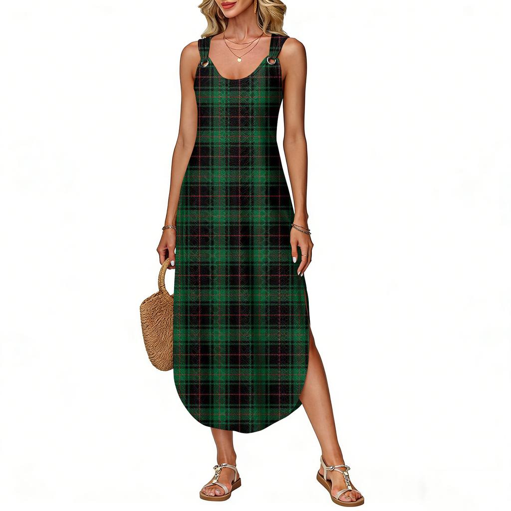 Women's Summer Long Dress, Sleeveless with Side Slits, Long Plaid Printed Vest Dress