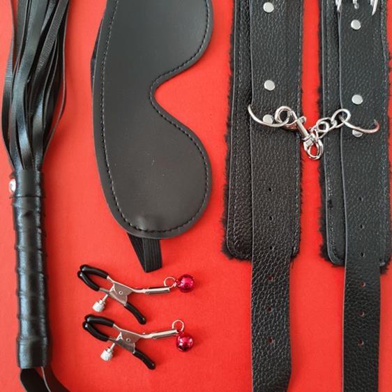 Flirty Bondage Set: Leather Handcuffs, Whip, Collar & Nipple Clamps