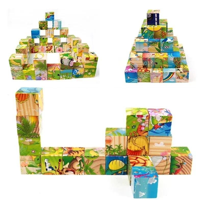 Cube 3D Wooden Puzzle Children'S Nine Pieces Six-Sided Wooden Block Tray Children'S Montessori Learning Educational Puzzle Toys