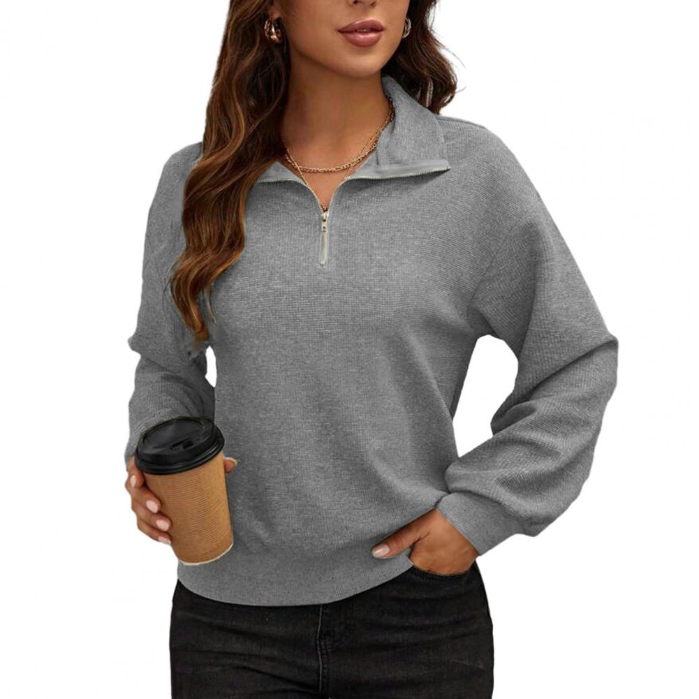 

Женская осенне-зимняя однотонная блузка с лацканами на молнии и половиной планки с длинным рукавом Свободная посадка Повседневный пуловер Толстовка Уличная одежда S светло-серый