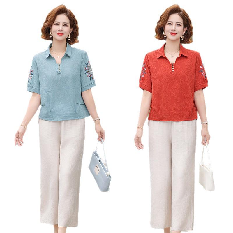 2026 Summer Cotton Linen Shirt & Pants Set for Middle-aged Women – Chinese Style, Short Sleeve T-shirt