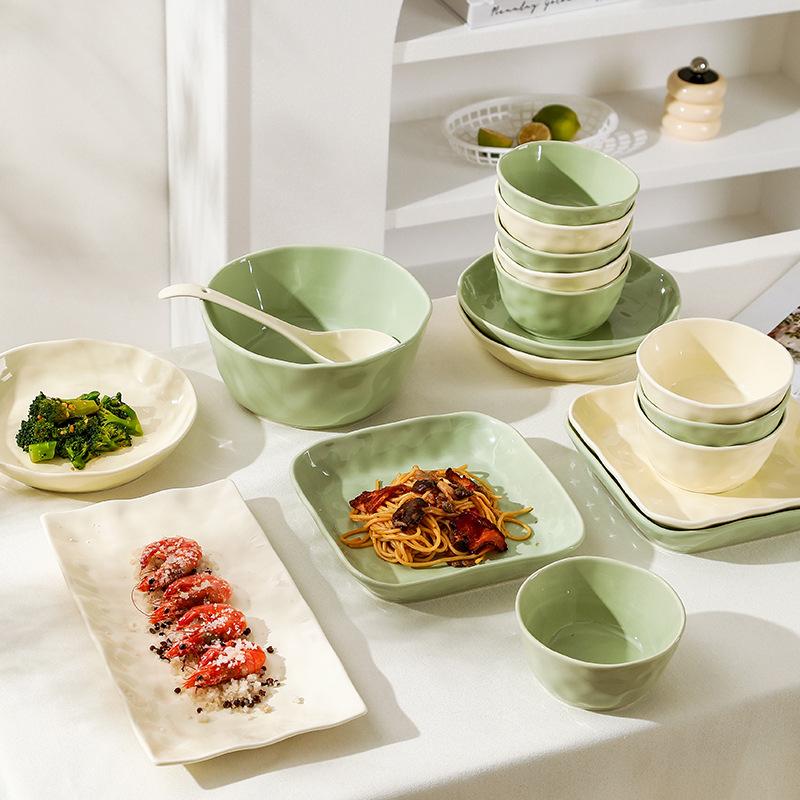 Ceramic Tableware Light Luxury Nordic Style Bowls, Spoons, Household Cream Housewarming Simple Rice Plate Set Light Luxury Style