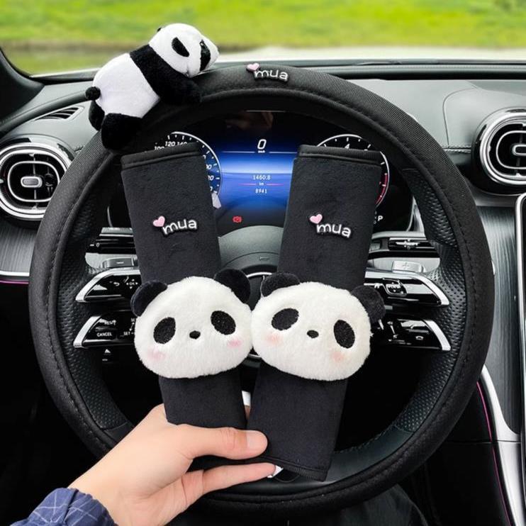 Cute Cartoon Panda Plush Universal Car Steering Wheel Cover Auto Seat Belt Cover Imitate Lamb Wool Winter Car Accessories