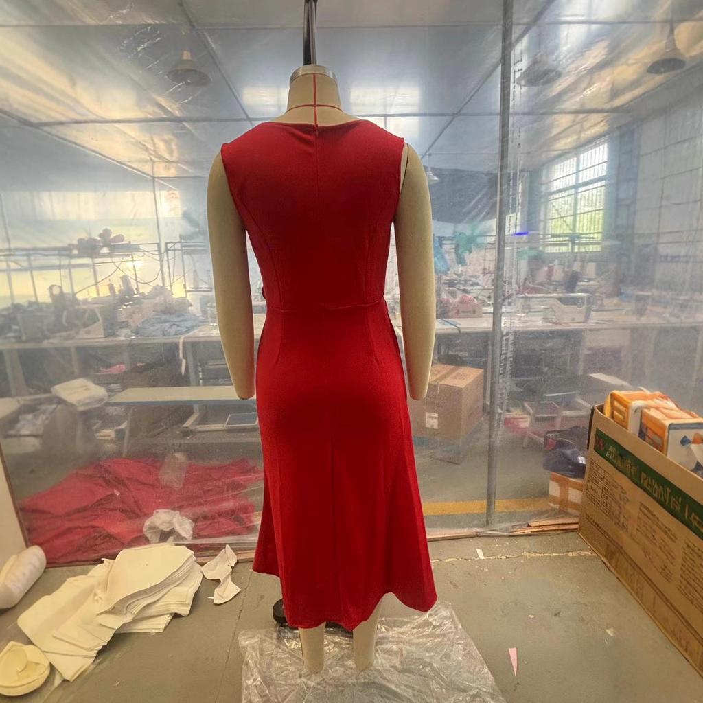 Damen Rundhals Ärmellos Einfarbig Rüschen Hohe Taille Elegant Party Midi Kleid